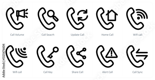 A set of 10 micro icons as call volume, call search, update call