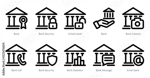 A set of 10 micro icons as bank, bank security, unlock bank