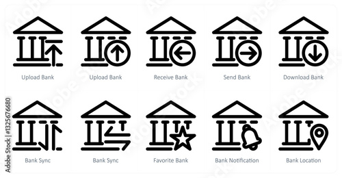 A set of 10 micro icons as upload bank, receive bank, send bank