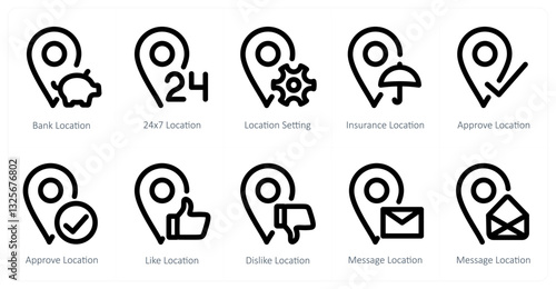 A set of 10 micro icons as bank location, 24x7 location, location setting 