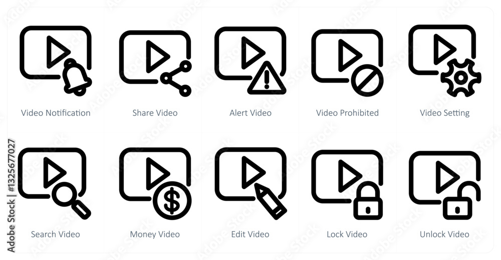 A set of 10 micro icons as video notification, share video, alert video A set of 10 micro icons as video notification, share video, alert video