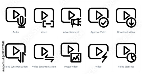 A set of 10 micro icons as audio, video, advertisement