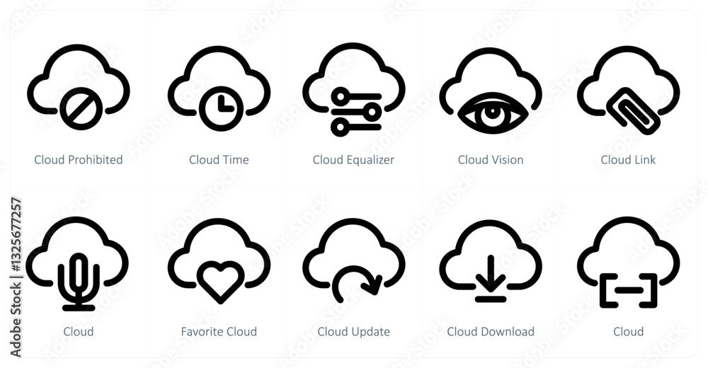 A set of 10 micro icons as cloud prohibited, cloud time, cloud equalizer A set of 10 micro icons as cloud prohibited, cloud time, cloud equalizer
