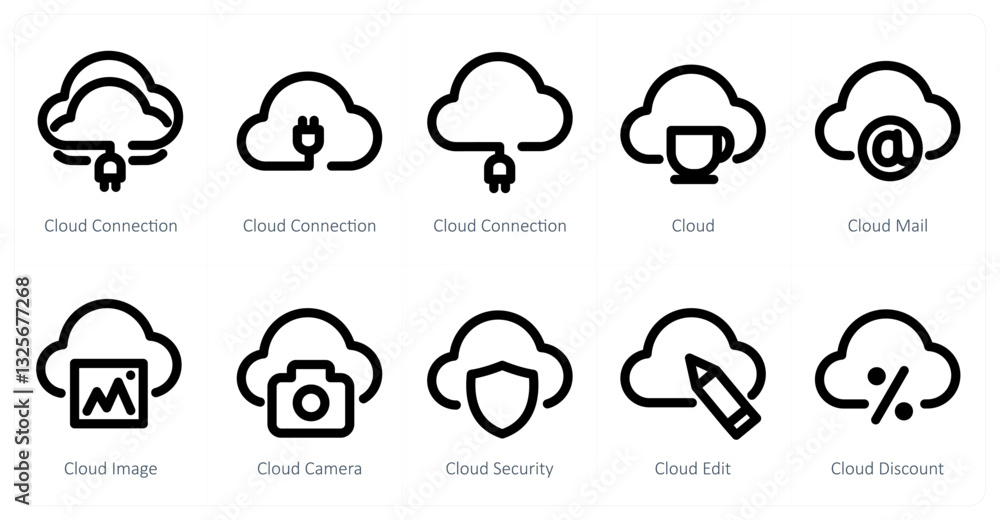 A set of 10 micro icons as cloud connection, cloud, cloud mail A set of 10 micro icons as cloud connection, cloud, cloud mail