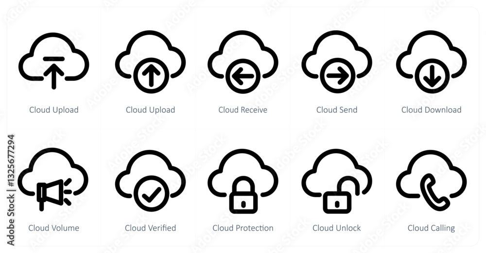 Obraz premium A set of 10 micro icons as cloud upload, cloud receive, cloud send