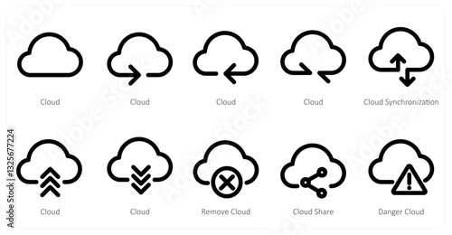 A set of 10 micro icons as cloud, cloud synchronization, remove cloud