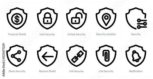 A set of 10 micro icons as financial shield, lock security, unlock security