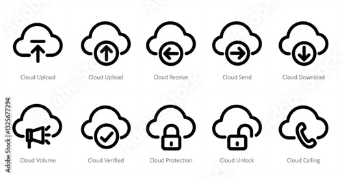 A set of 10 micro icons as cloud upload, cloud receive, cloud send