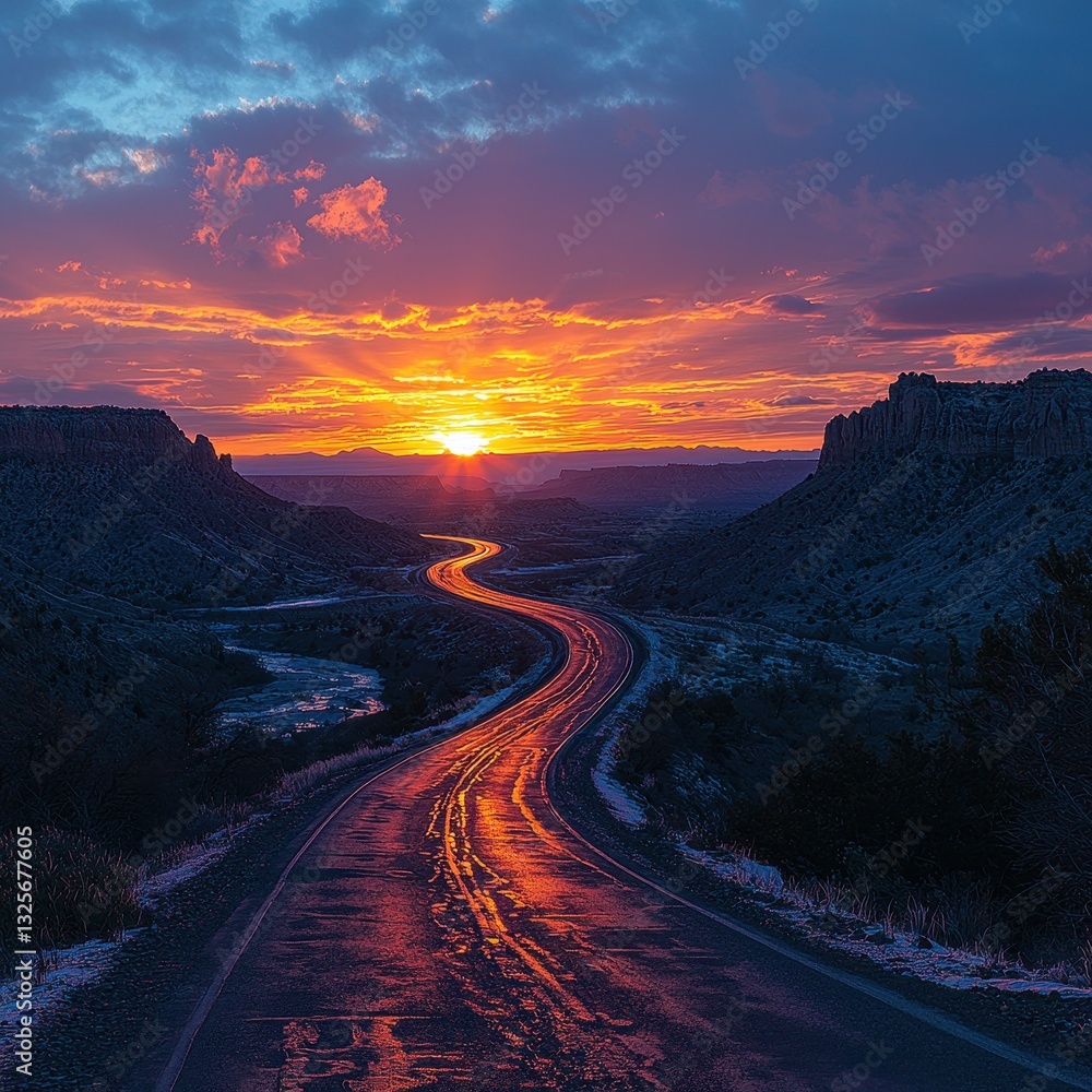 Fototapeta premium A breathtaking aerial view captures a winding road snaking through the vast desert landscape, bathed in the warm hues of a stunning sunset, with golden sands and distant mountains.