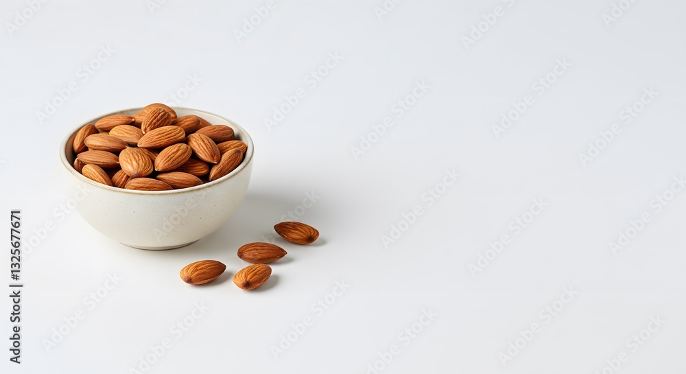 Almonds in Ceramic Bowl with Scattered Almonds on Plain White Background, Healthy Snack, HD Minimal PNG Style