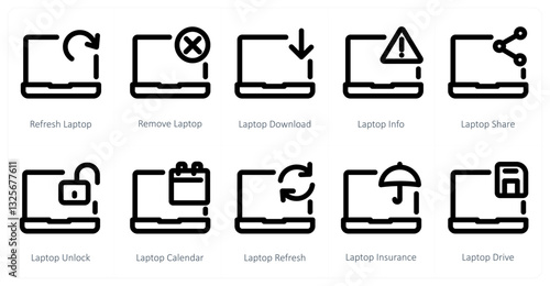 A set of 10 micro icons as refresh laptop, remove laptop, laptop download