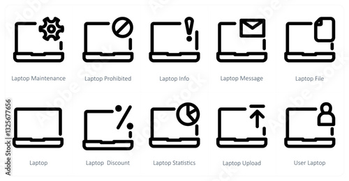 A set of 10 micro icons as laptop maintenance, laptop prohibited, laptop info