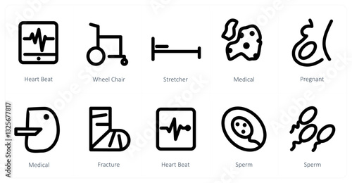 A set of 10 micro icons as heart beat, wheel chair, stretcher
