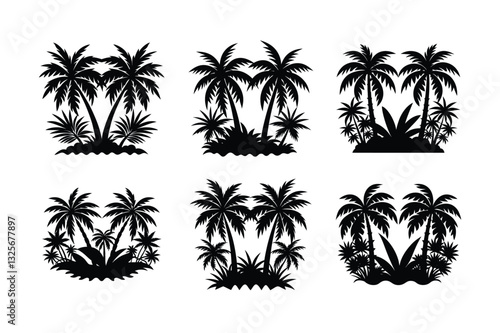 set of Tropical Palm Trees and Jungle Foliage Silhouette - Vector Illustration