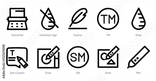 A set of 10 micro icons as typewriter, forbidden sign, feather