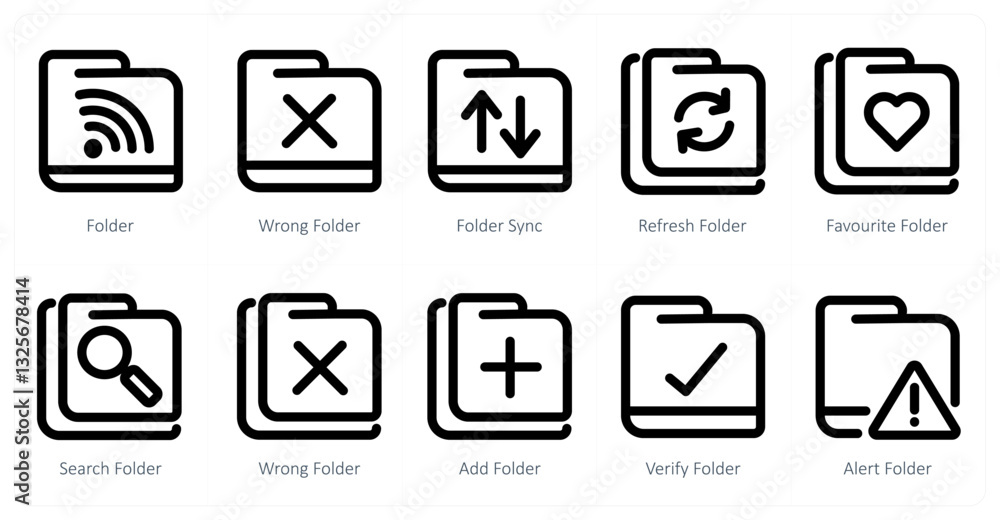 A set of 10 micro icons as folder, wrong folder, folder sync A set of 10 micro icons as folder, wrong folder, folder sync