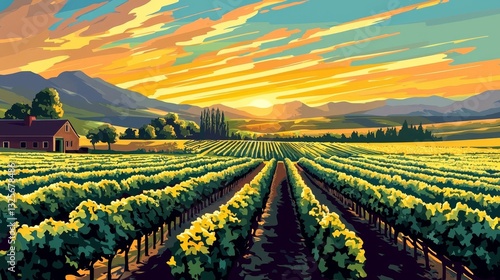 This illustration highlights the allure of rural landscapes and their bountiful harvests.