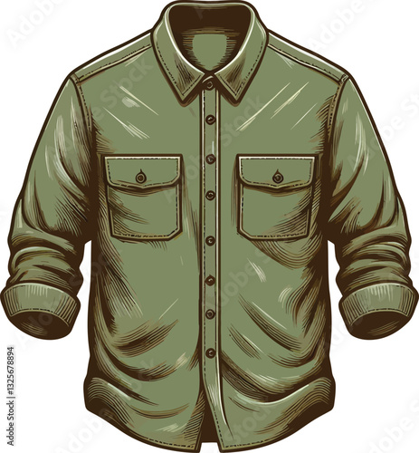 Olive Green Color Casual button up shirt sketch fashion drawing illustration template.
