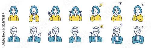 男女の様々な表情とポーズのイラストセット