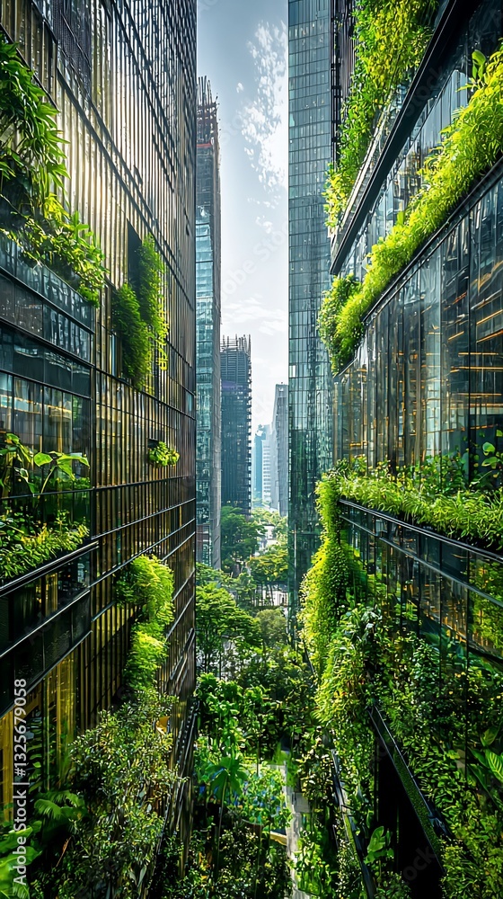 Fototapeta premium Lush green plants cover modern skyscrapers, creating a vibrant urban jungle.