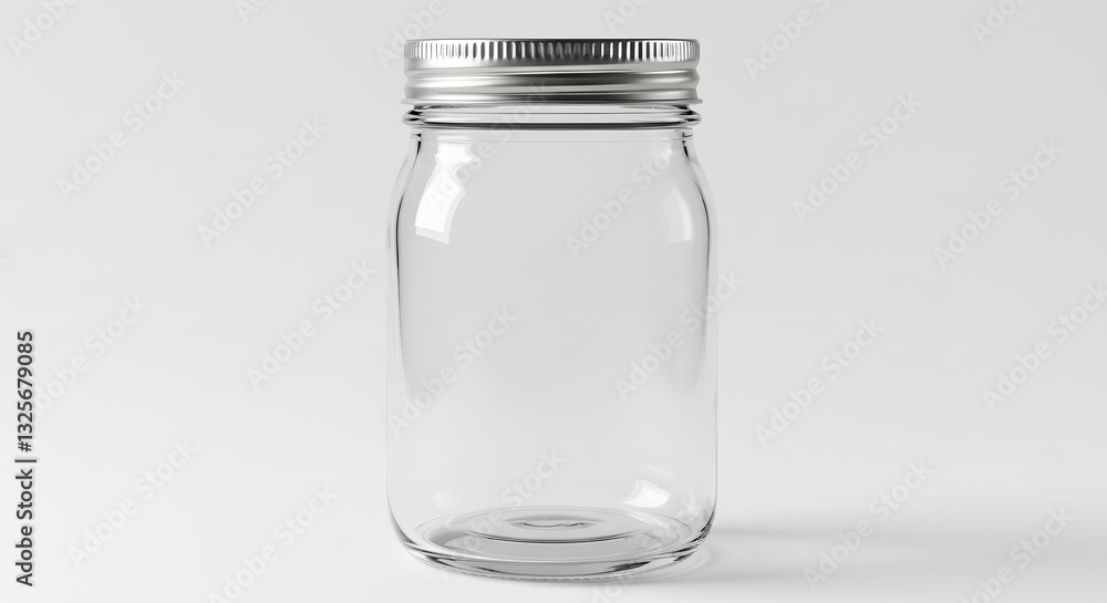 Clear Glass Jar with Silver Lid on Plain White Background - High-Resolution Minimalist Product Mockup in PNG Format Clear Glass Jar with Silver Lid on Plain White Background - High-Resolution Minimalist Product Mockup in PNG Format