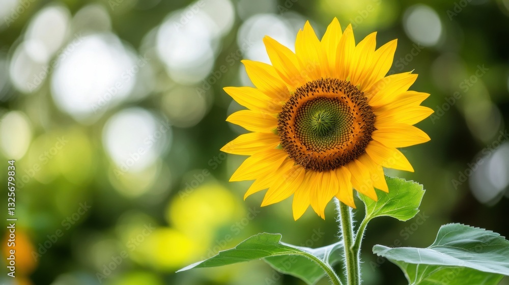 Fototapeta premium Vibrant Sunflower with Bright Yellow Petals Against a Softly Blurred Green Background Exuding Nature's Beauty and Warmth in a Sunny Garden Setting