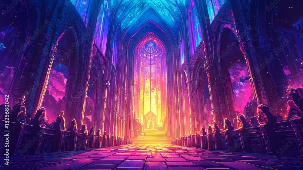 Naklejka premium Vibrant colors and details bring this cathedral to life in a futuristic setting.