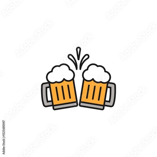 Two glass mugs of beer are clinked together with cheers and toasting. Vector icon. Isolated illustration on white background.
