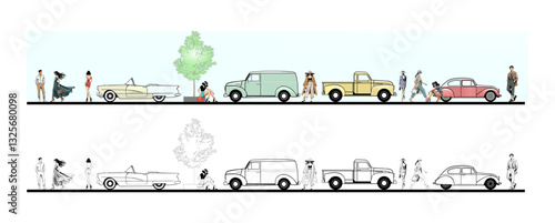 Architectural Scale Figure Silhouette People Set Color With Retro Cars