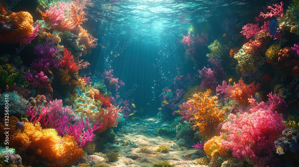 Naklejka premium Vibrant coral reef underwater scene with sunlight. (3)