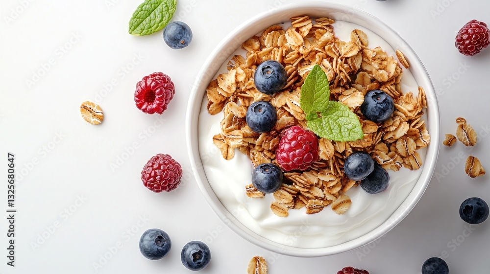 Healthy breakfast bowl with granola yogurt and fresh berries is shown Healthy breakfast bowl with granola yogurt and fresh berries is shown