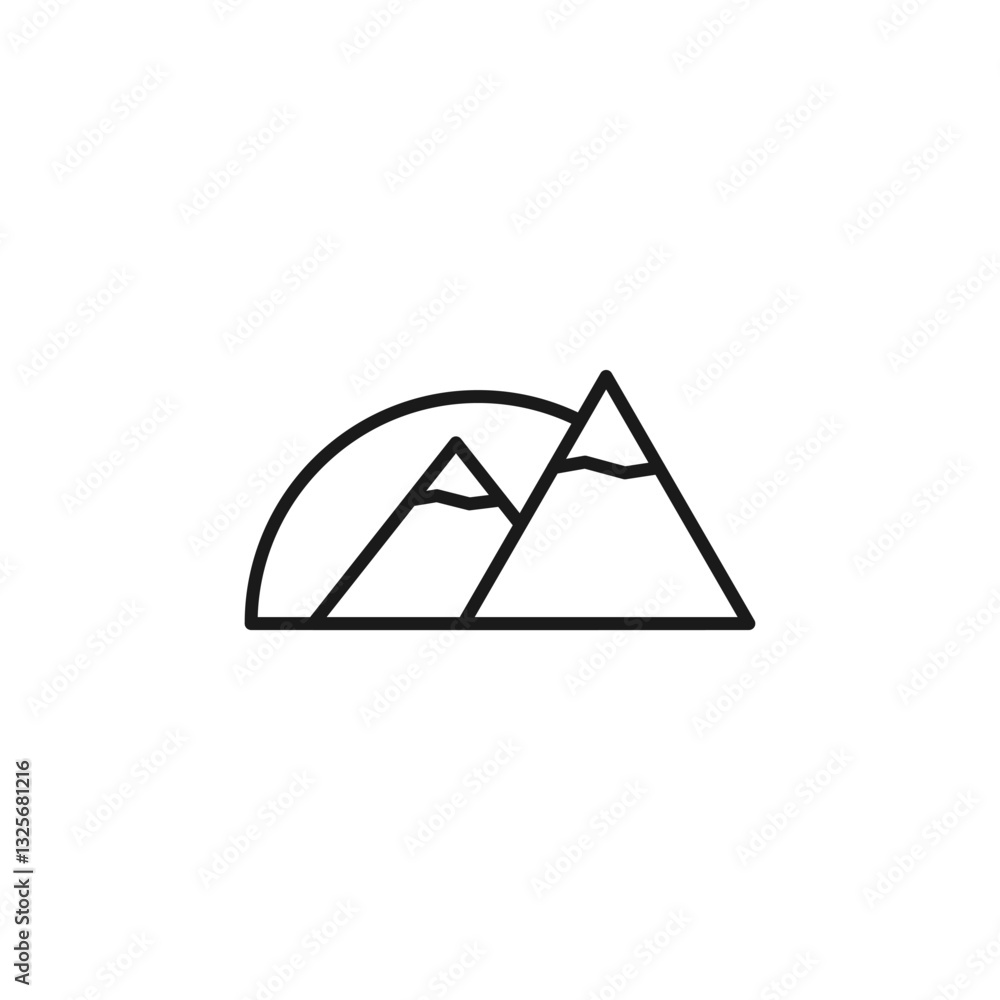 Icon of mountain and sunset. Two mountains and sun depicted in a line style. Minimal outline vector illustration on white background. Icon of mountain and sunset. Two mountains and sun depicted in a line style. Minimal outline vector illustration on white background.
