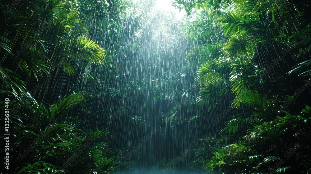 Fototapeta premium Lush rainforest in heavy rain, sunlight through canopy.