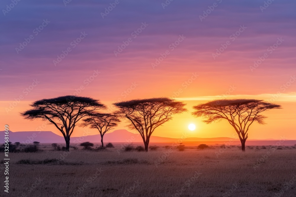 Fototapeta premium A Breathtaking African Sunset Over Silhouetted Acacia Trees, Capturing the Tranquility of the Savannah Landscape Under a Colorful Sky.