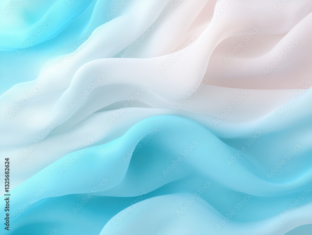 Obraz premium Serene Silk: A mesmerizing close-up of flowing silk fabric, with delicate waves and soft gradients of light blue, white, and a hint of peach, creating a sense of fluidity and elegance.