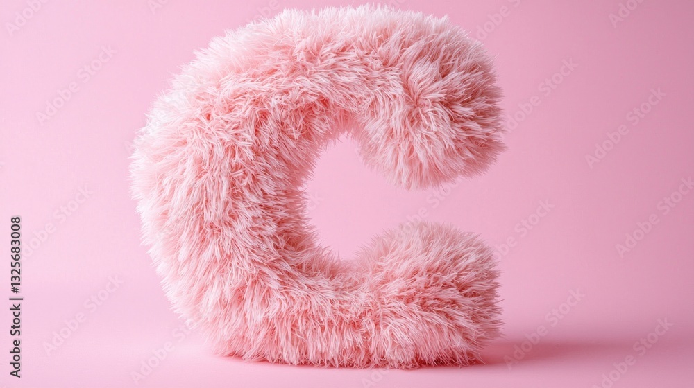 Fototapeta premium A fluffy pink letter C sits against a pink background