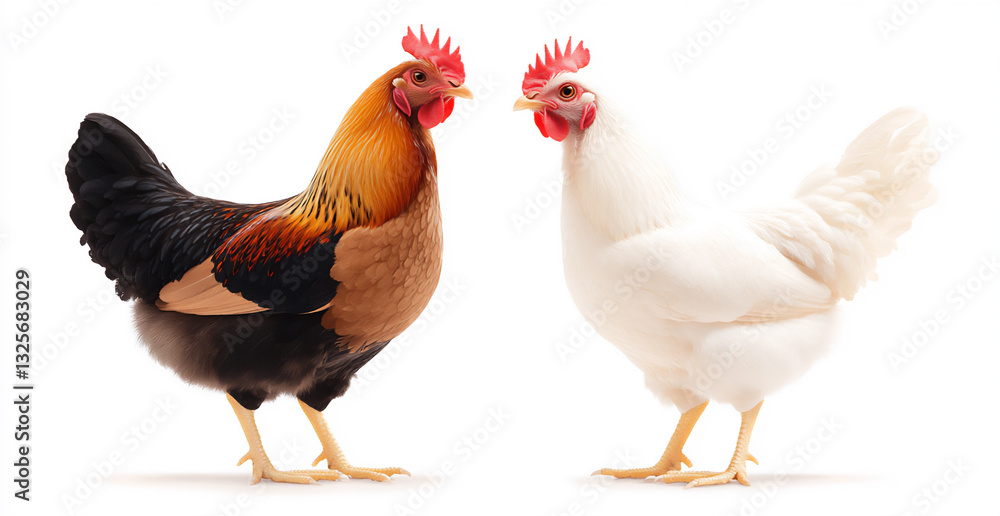 Fototapeta premium two chickens, one brown and the other black,