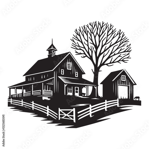 Silhouette Farmhouse with Barn Surrounded by Fence and Tree