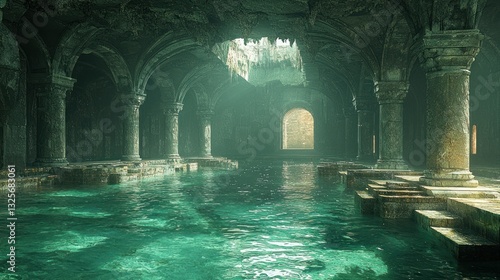 Sunlit, flooded ancient gothic crypt with columns and arches.