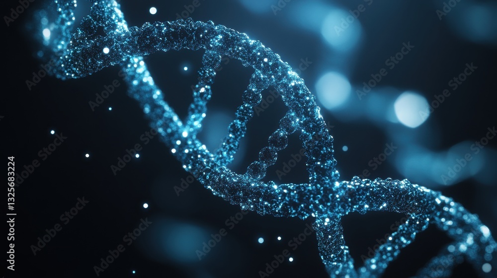 Close-up Visualization of a Molecular Structure Representing DNA Helix in an Abstract Blue Background with Glowing Effects Close-up Visualization of a Molecular Structure Representing DNA Helix in an Abstract Blue Background with Glowing Effects