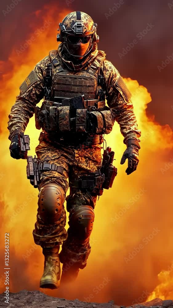 Soldier in tactical gear walks through fiery explosion at a military training exercise Soldier in tactical gear walks through fiery explosion at a military training exercise