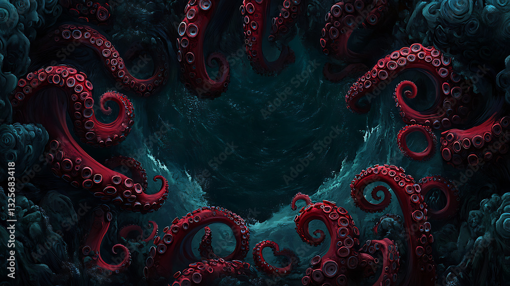 Pixelated Red Tentacles Emerging From Dark Blue Ocean Depths Against Pixelated Wave Background Pixelated Red Tentacles Emerging From Dark Blue Ocean Depths Against Pixelated Wave Background