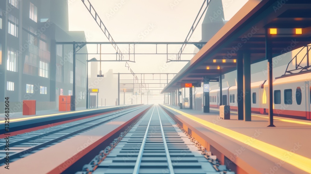 Fototapeta premium Serene Urban Railway Station with Train Tracks and Modern Architectural Elements in Soft Morning Light