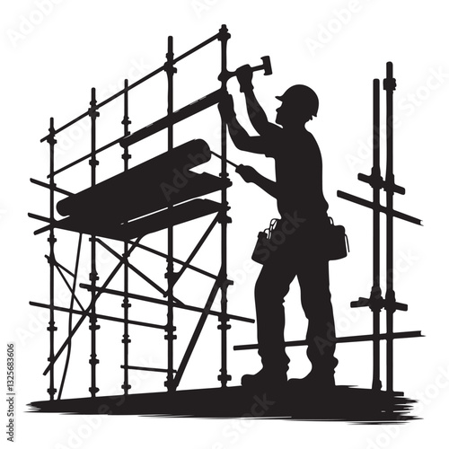Construction Worker Erecting Scaffolding Silhouette Illustration for Building Projects