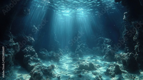 Sunbeams illuminate underwater ocean floor, rocks, and sand.