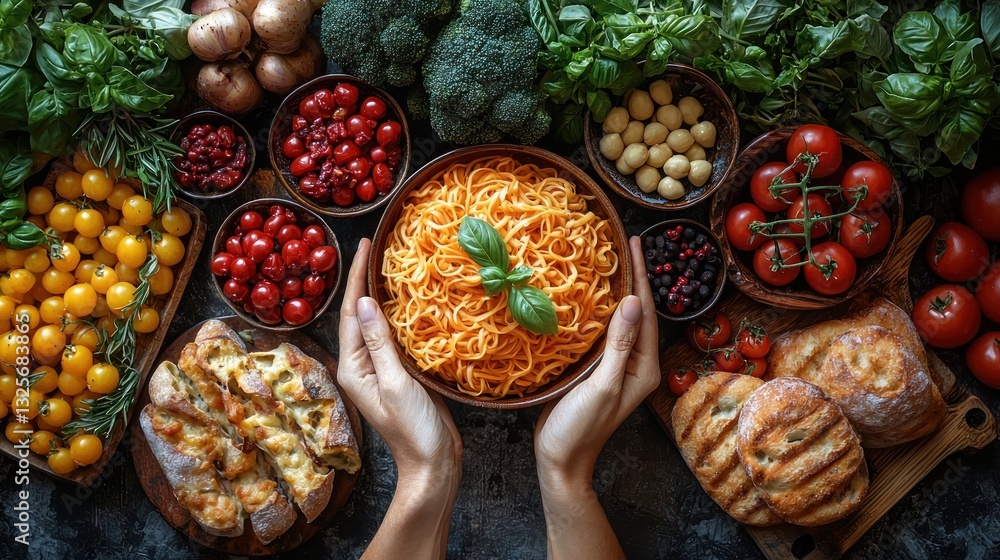 Fototapeta premium Hands holding bowl of pasta with fresh ingredients.