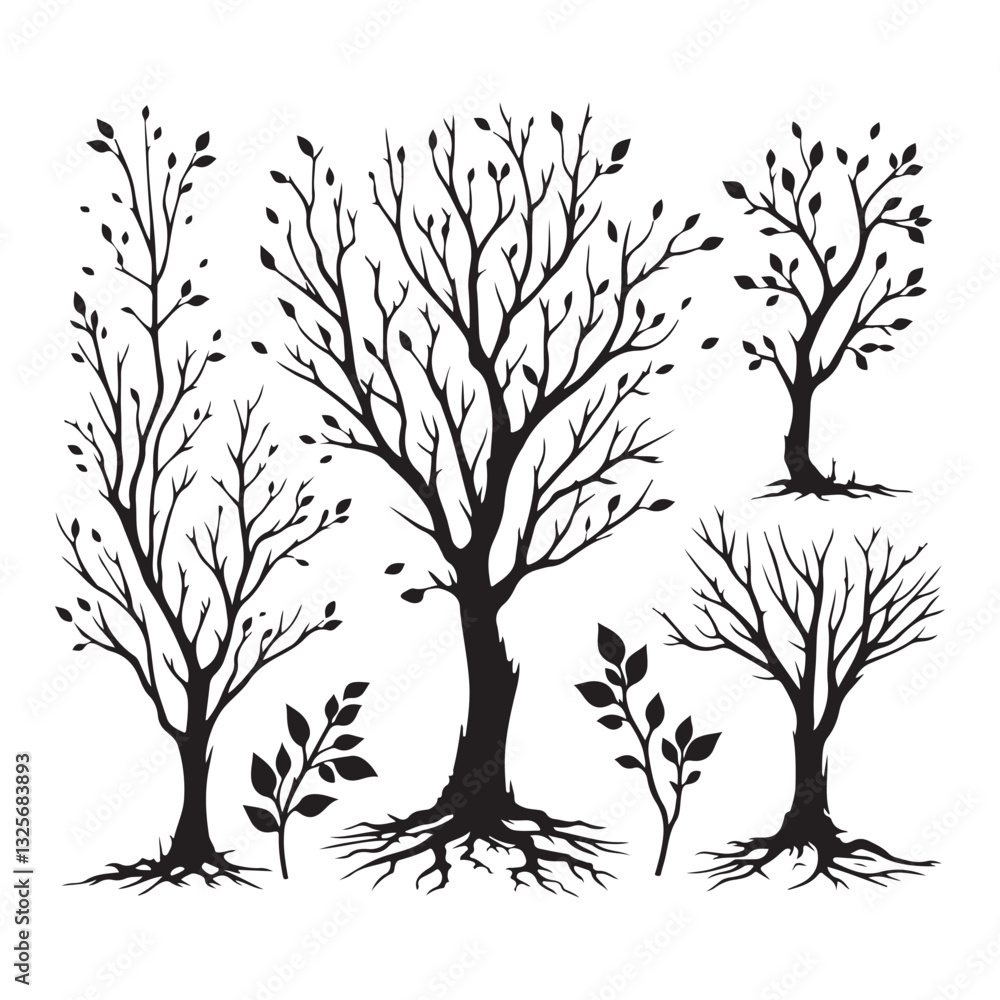 Obraz premium Bare Tree with Leaves Silhouette Illustration for Graphic Design