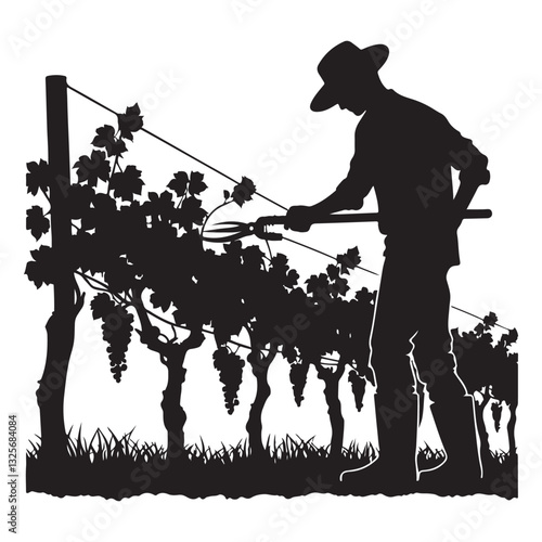 Silhouette of Winegrower Pruning Grapes in Vineyard a Time Honored Tradition