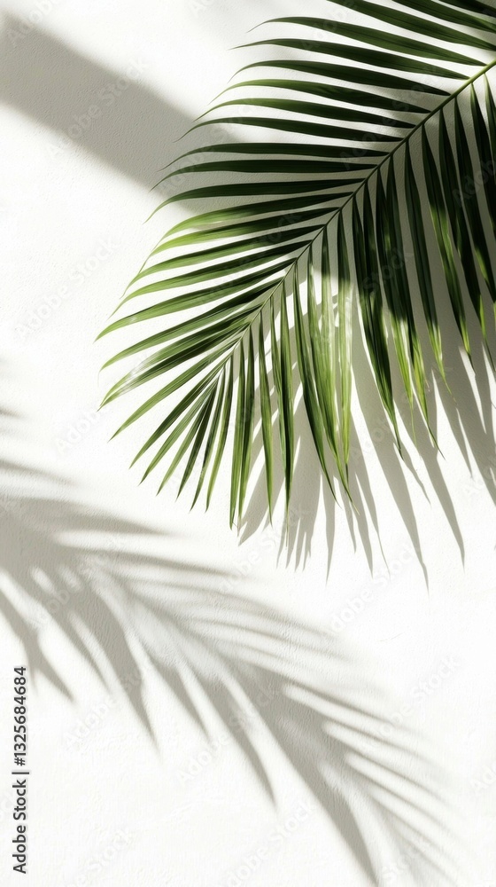 Fototapeta premium An intriguing visual of palm leaves casting shadows that dance across a white wall.