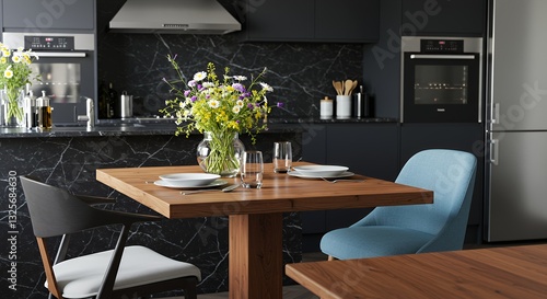 A modern kitchen interior with table and flowers beautifully arranged
